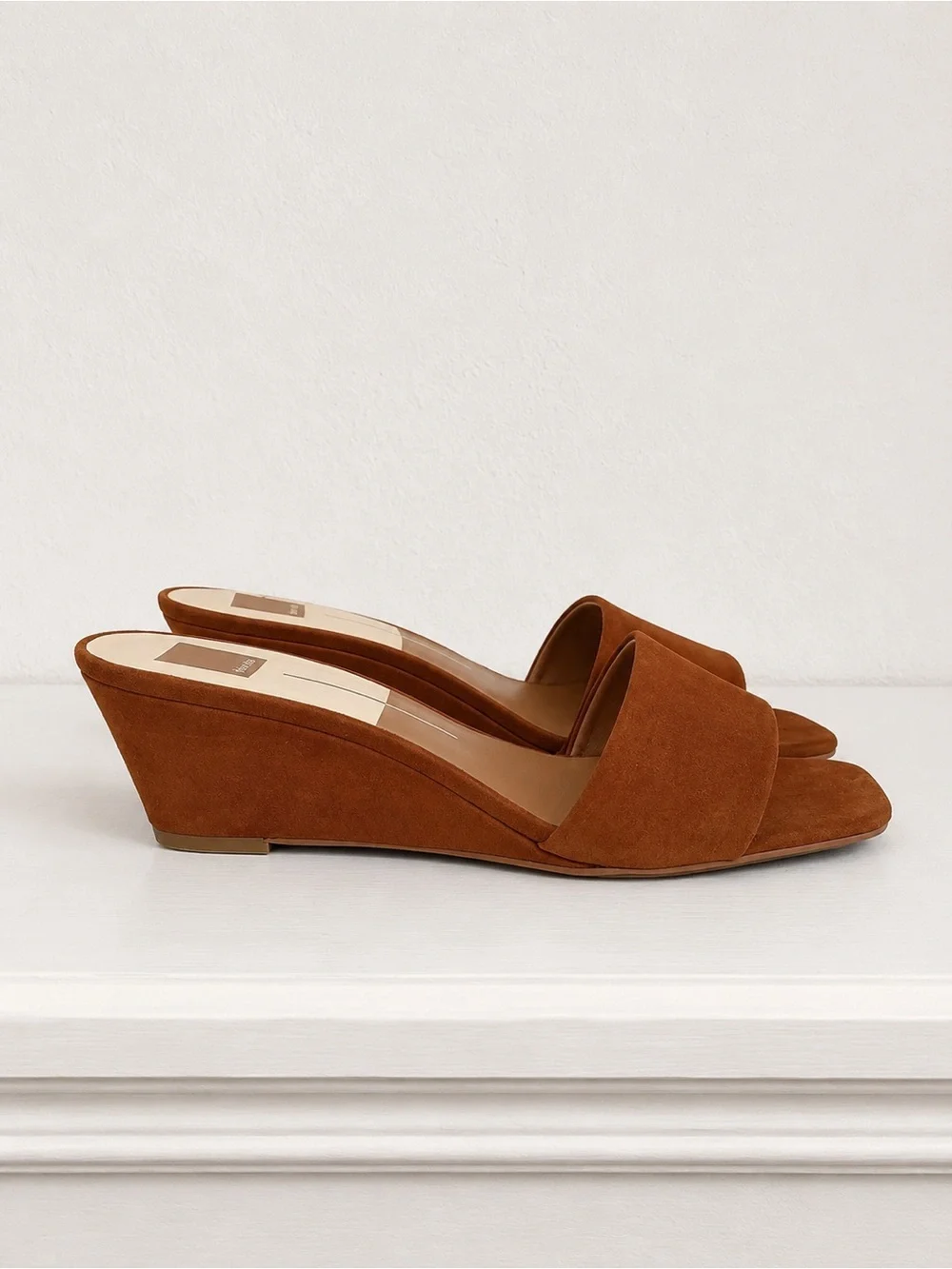 Dolce Vita Cognac Suede Qaily Wide Wedge Slide Slip On Square Toe Sandals